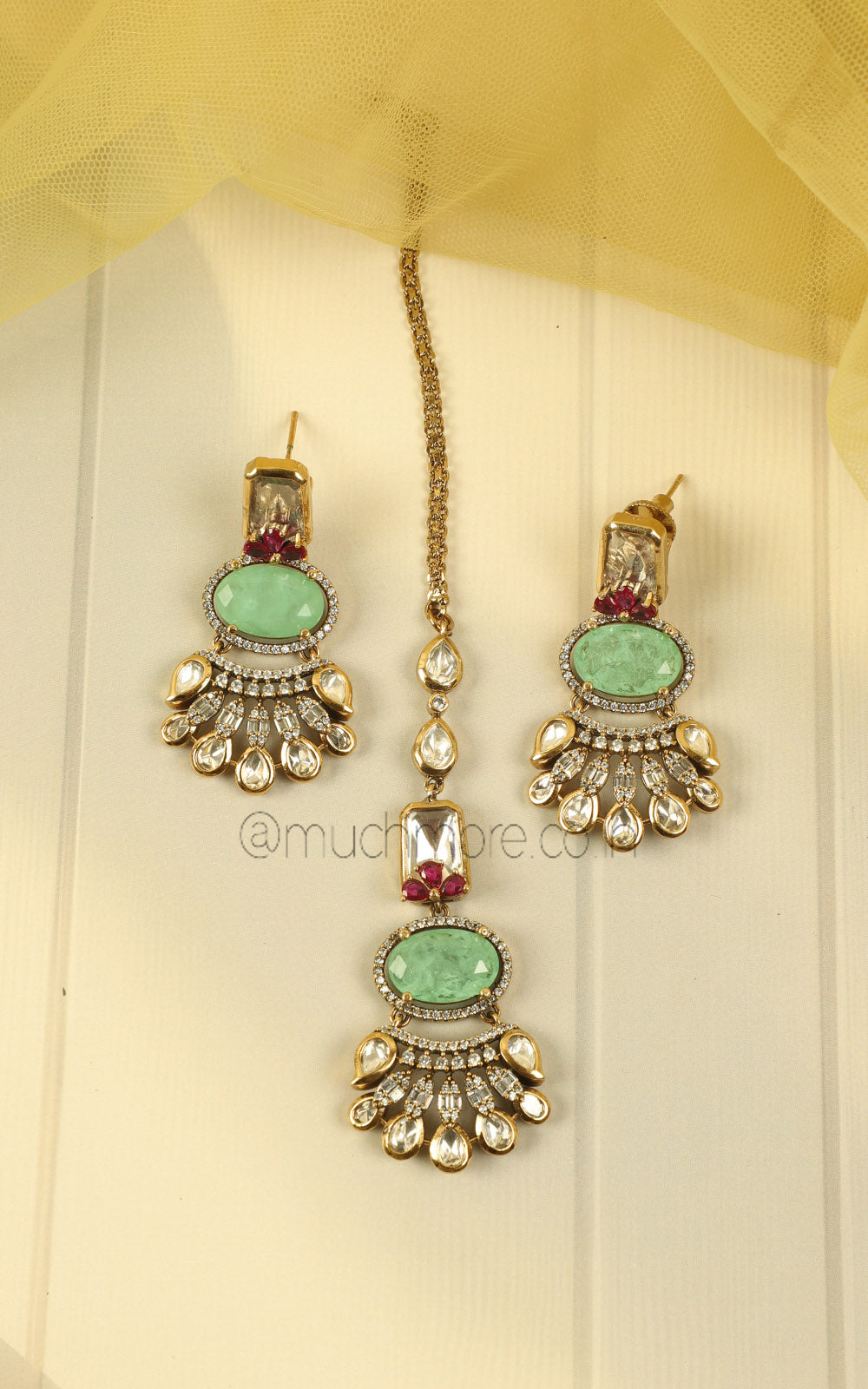 Polki Pearl Mint Green Ruby Bridal Choker Earrings With Tikka