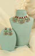 Polki Pearl Mint Green Ruby Bridal Choker Earrings With Tikka