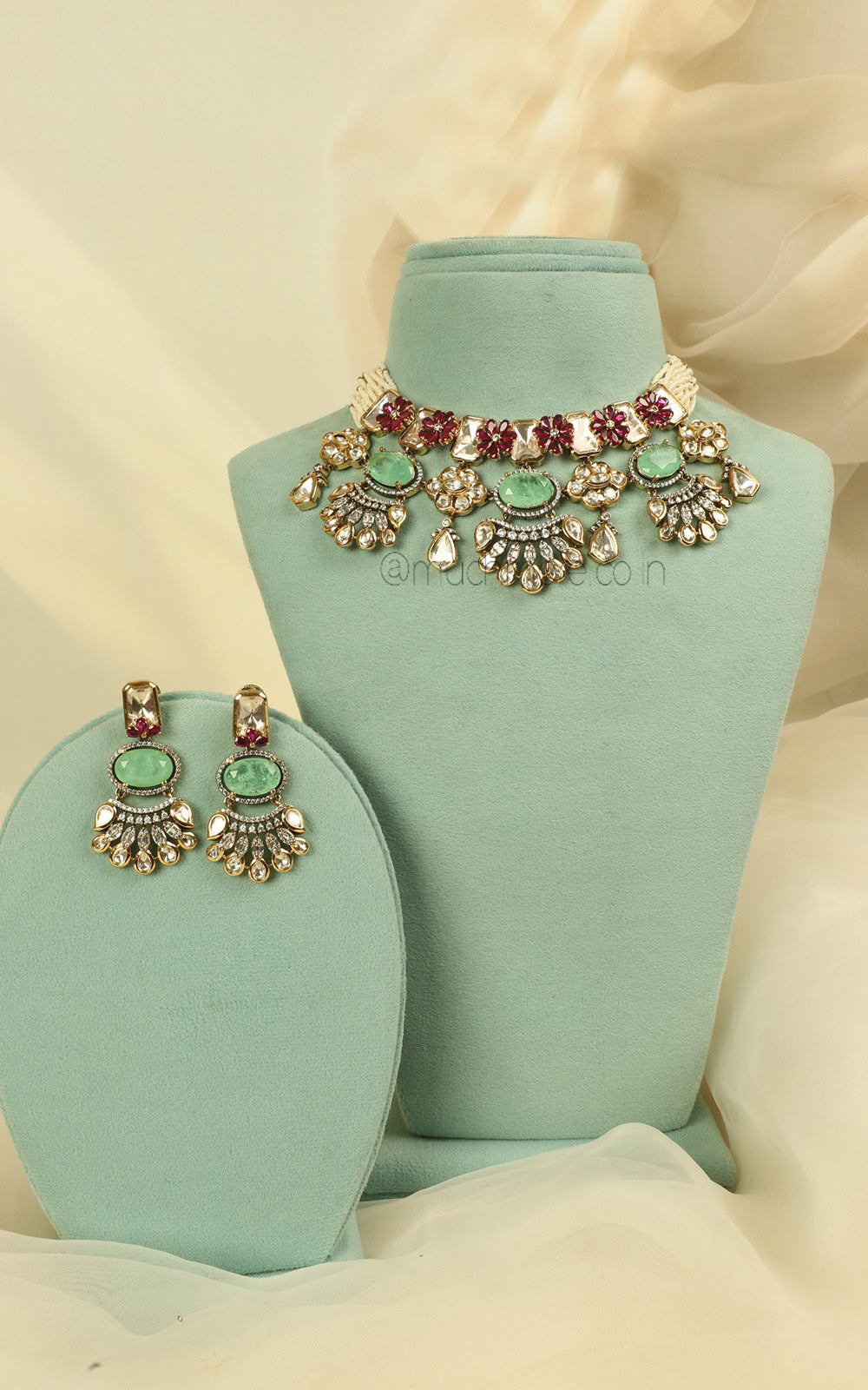 Polki Pearl Mint Green Ruby Bridal Choker Earrings With Tikka