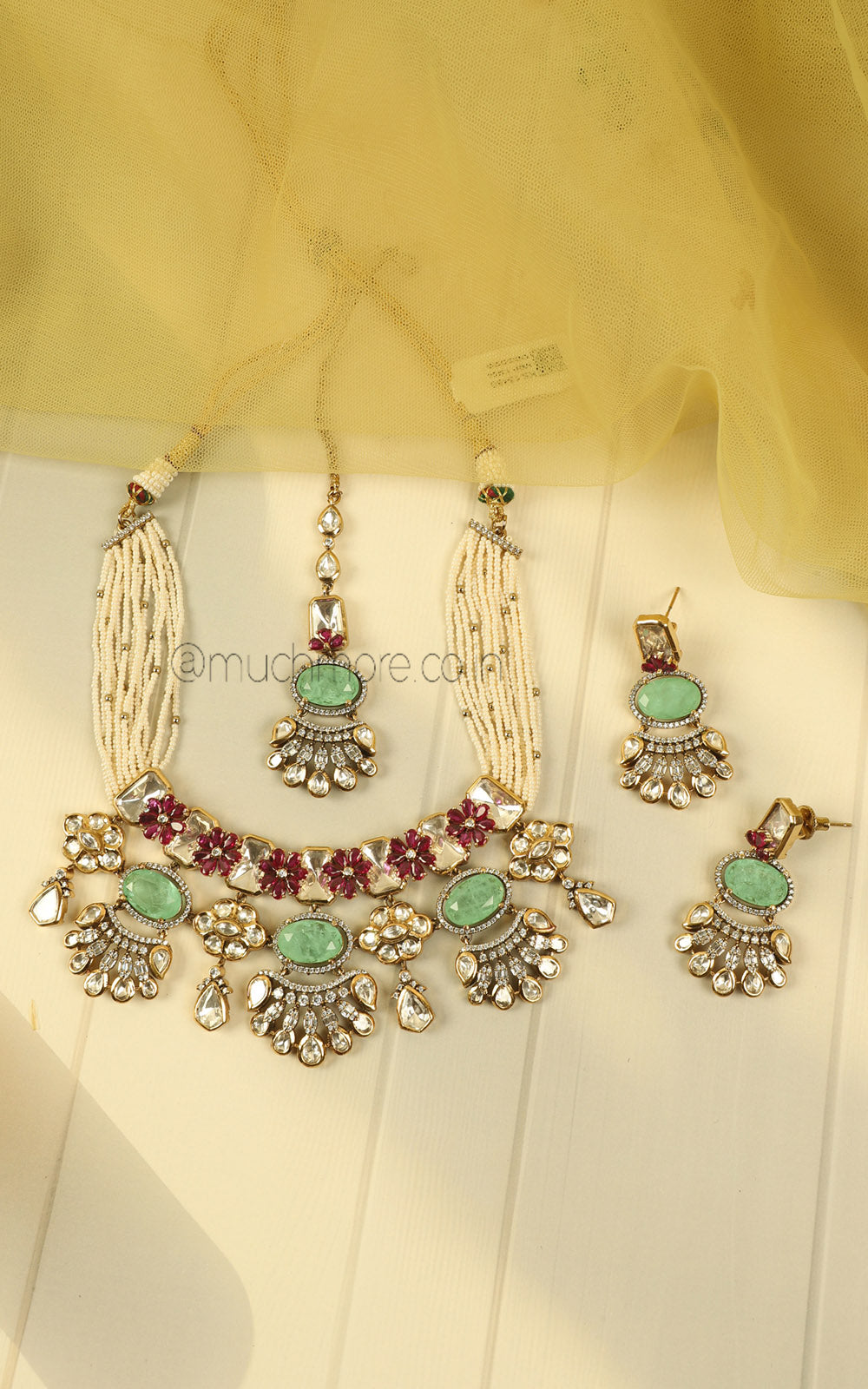 Polki Pearl Mint Green Ruby Bridal Choker Earrings With Tikka