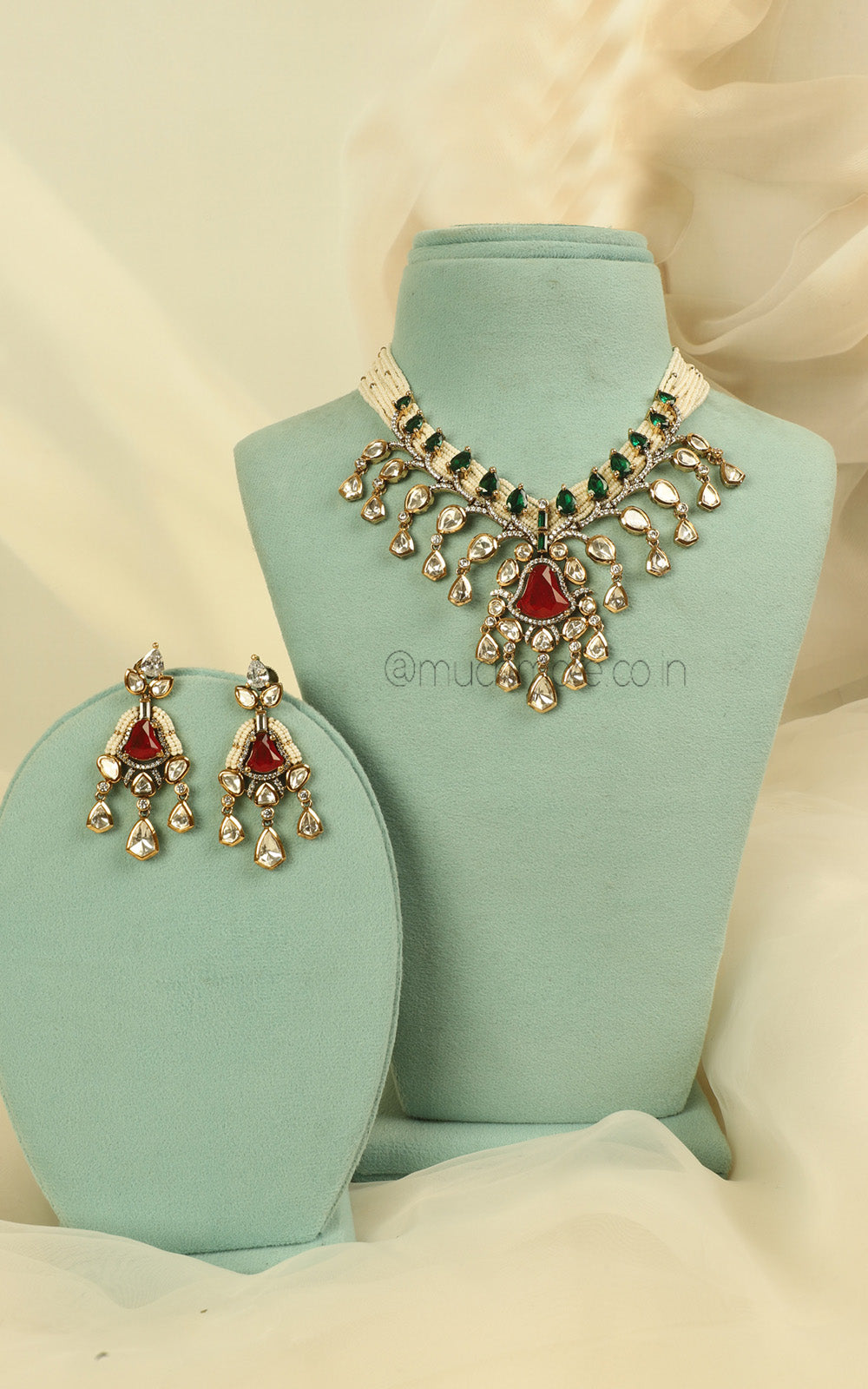 Emerald Green Ruby Pearl Beaded Kundan Necklace Set