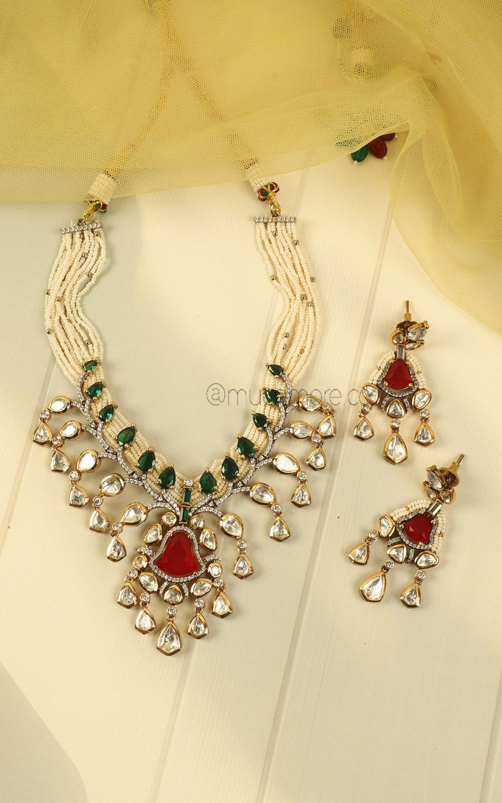 Emerald Green Ruby Pearl Beaded Kundan Necklace Set