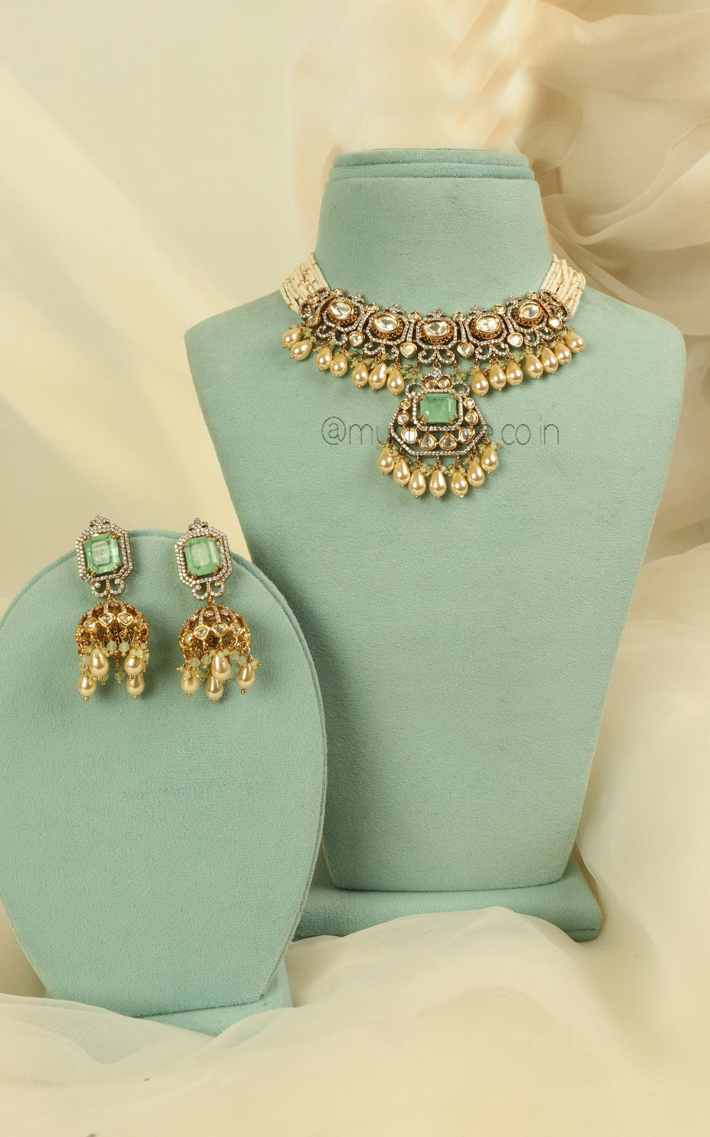 Mint Green Pearl Fusion & Traditional Choker For Brides
