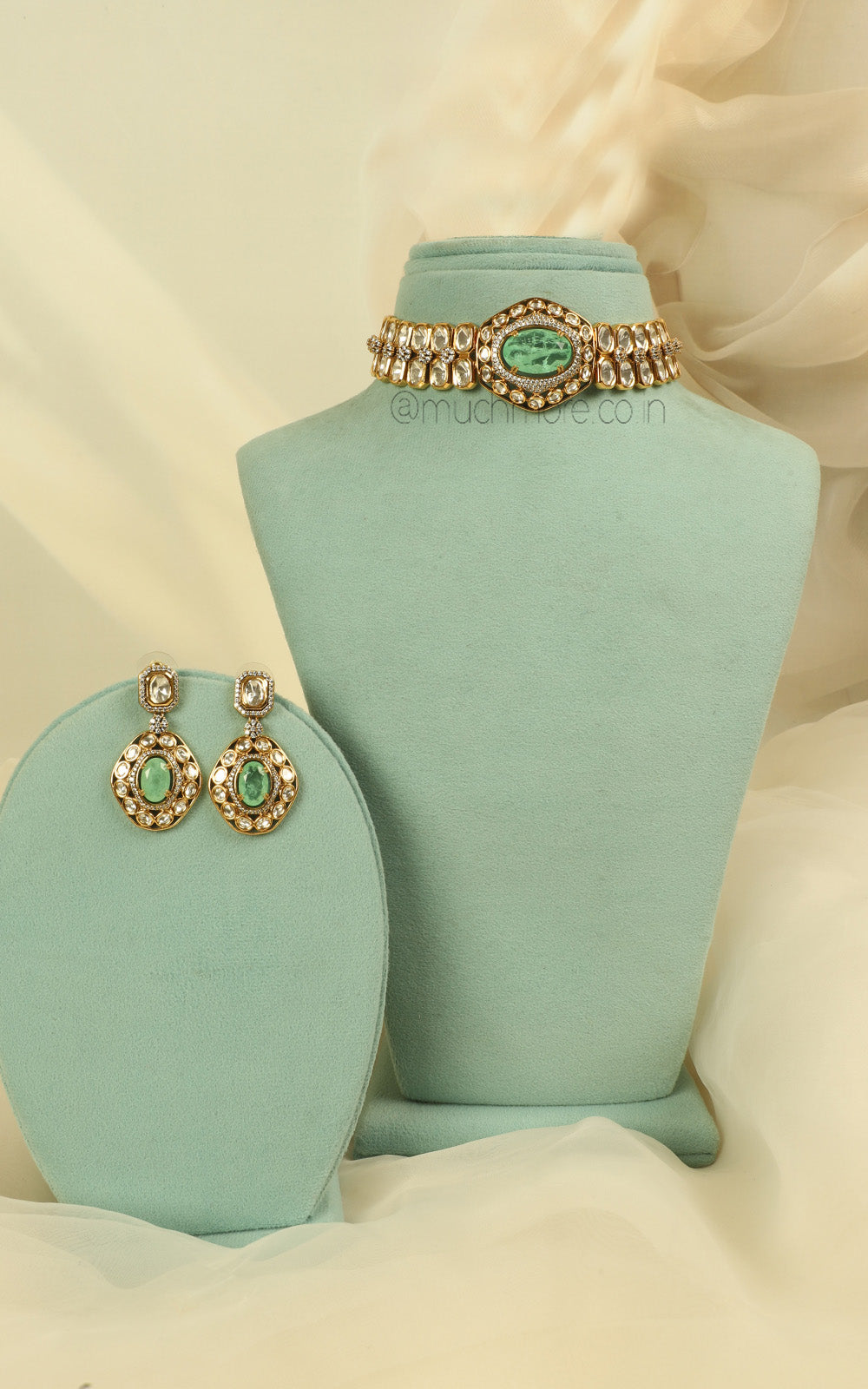 Sleek Mint Green Polki Diamond Fusion Choker For Brides