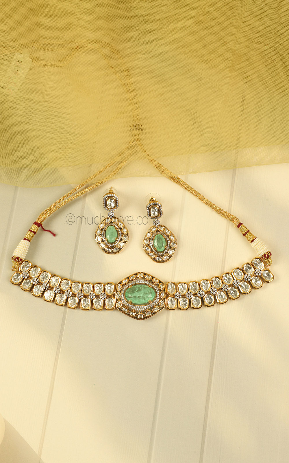 Sleek Mint Green Polki Diamond Fusion Choker For Brides