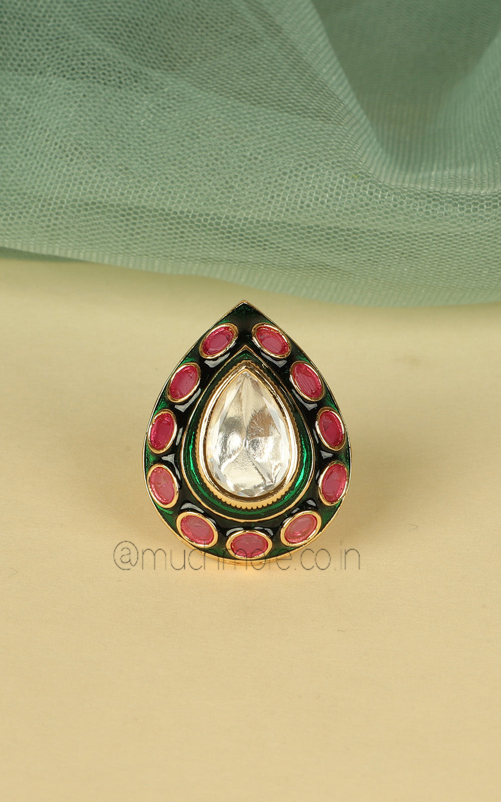 Ruby Green Color Drop Shaped Polki Women Unisex Ring