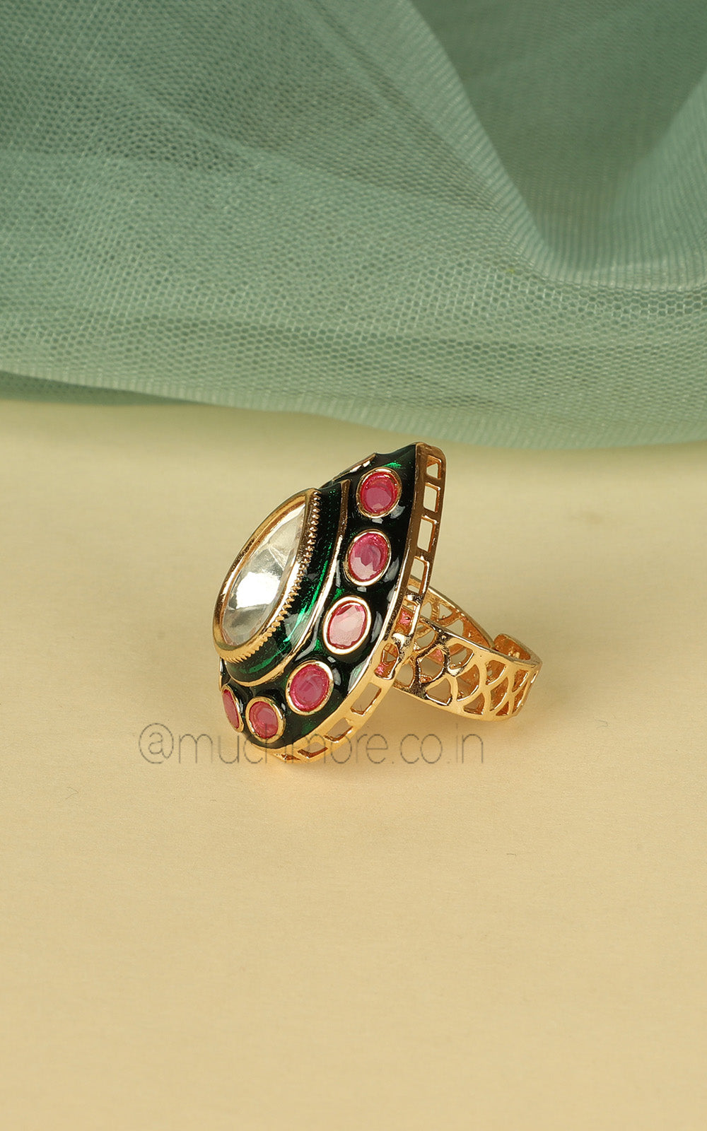 Ruby Green Color Drop Shaped Polki Women Unisex Ring