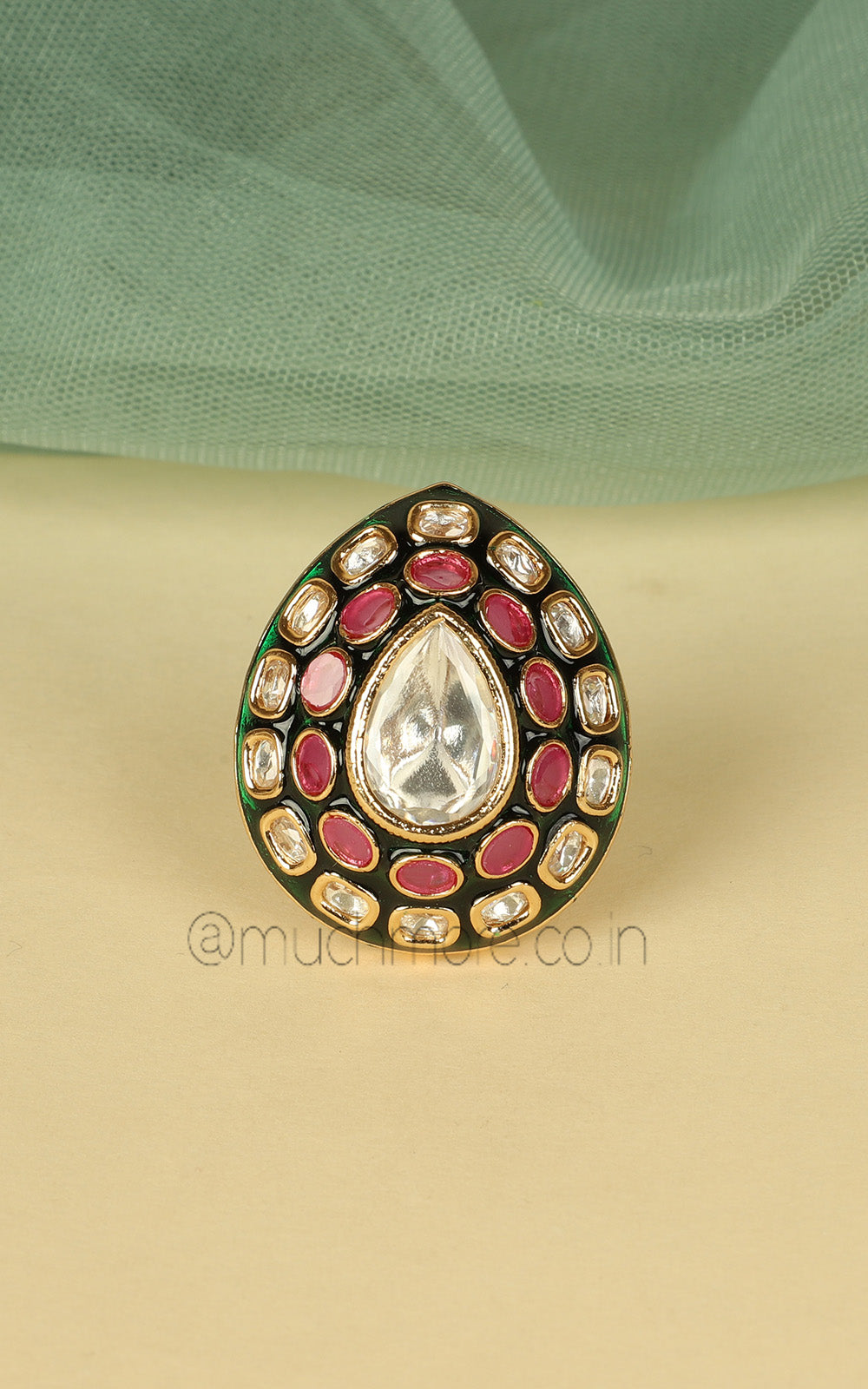 Buy Gold Polish Ruby Green Drop Shaped Polki Women Ring