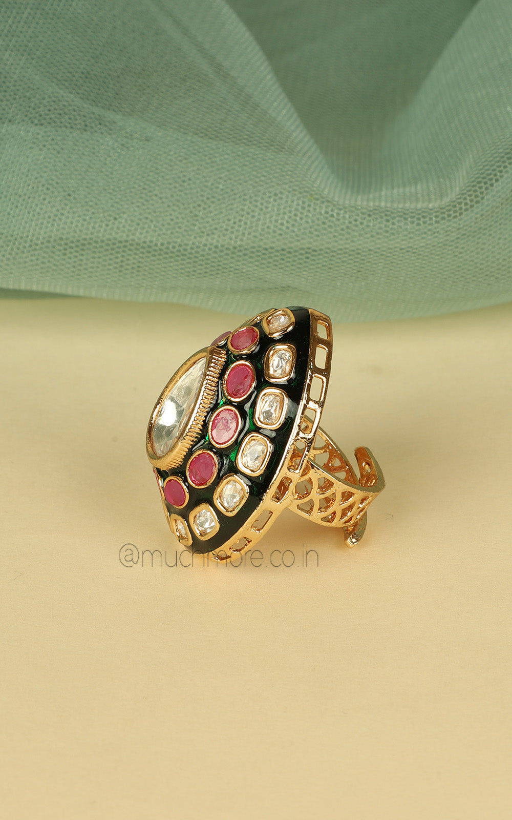 Buy Gold Polish Ruby Green Drop Shaped Polki Women Ring