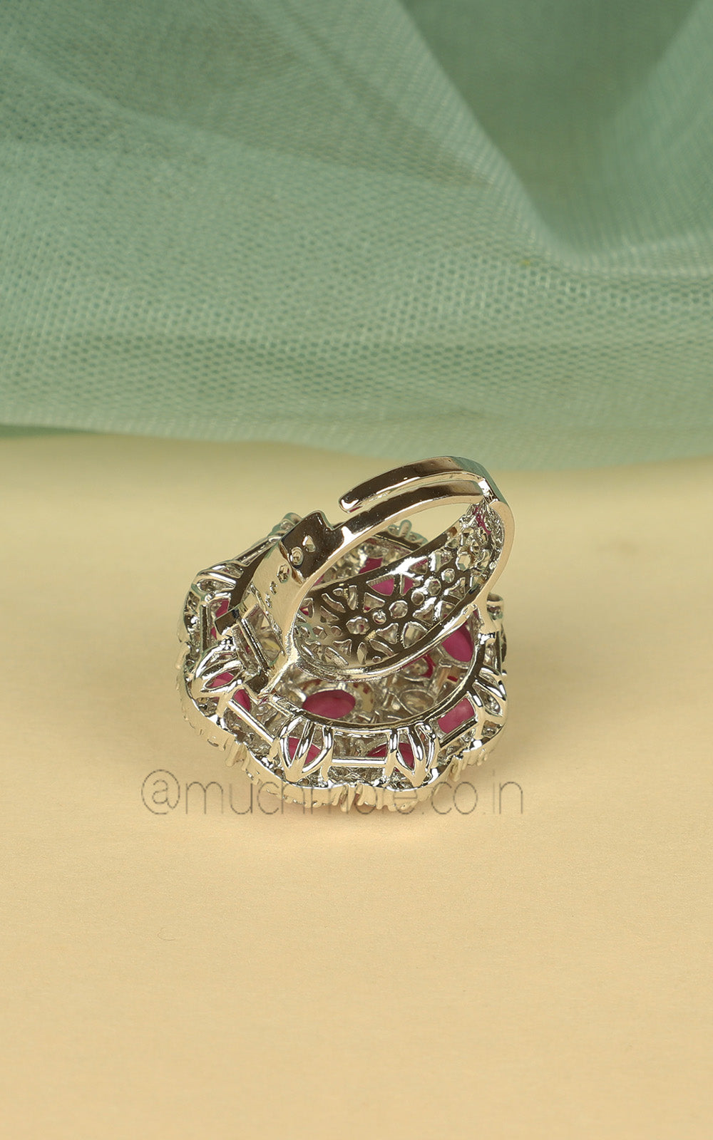 Silver Polish Ruby Diamond Studded Cocktail Women Ring