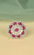 Silver Polish Ruby Diamond Studded Cocktail Women Ring