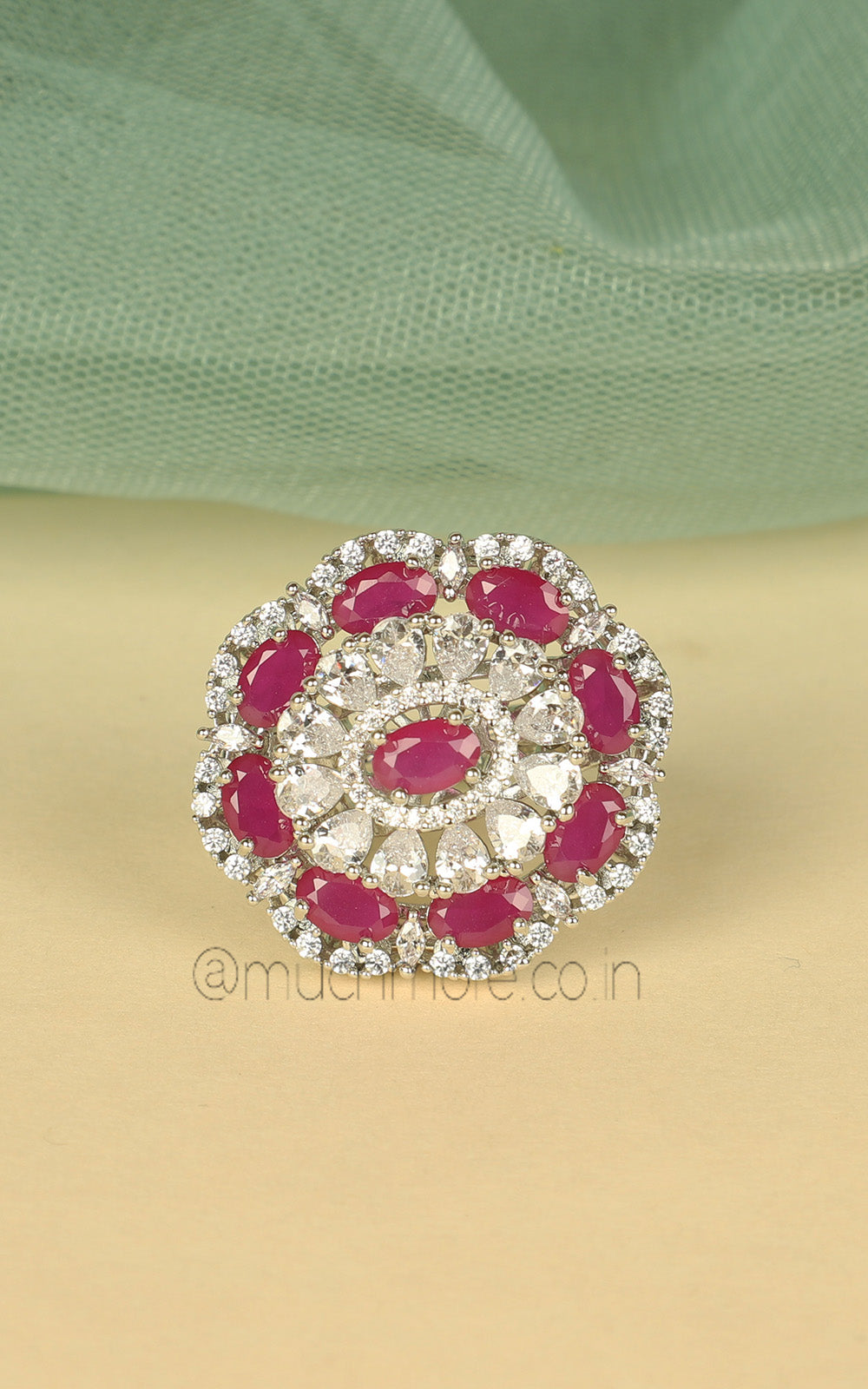 Silver Polish Ruby Diamond Studded Cocktail Women Ring