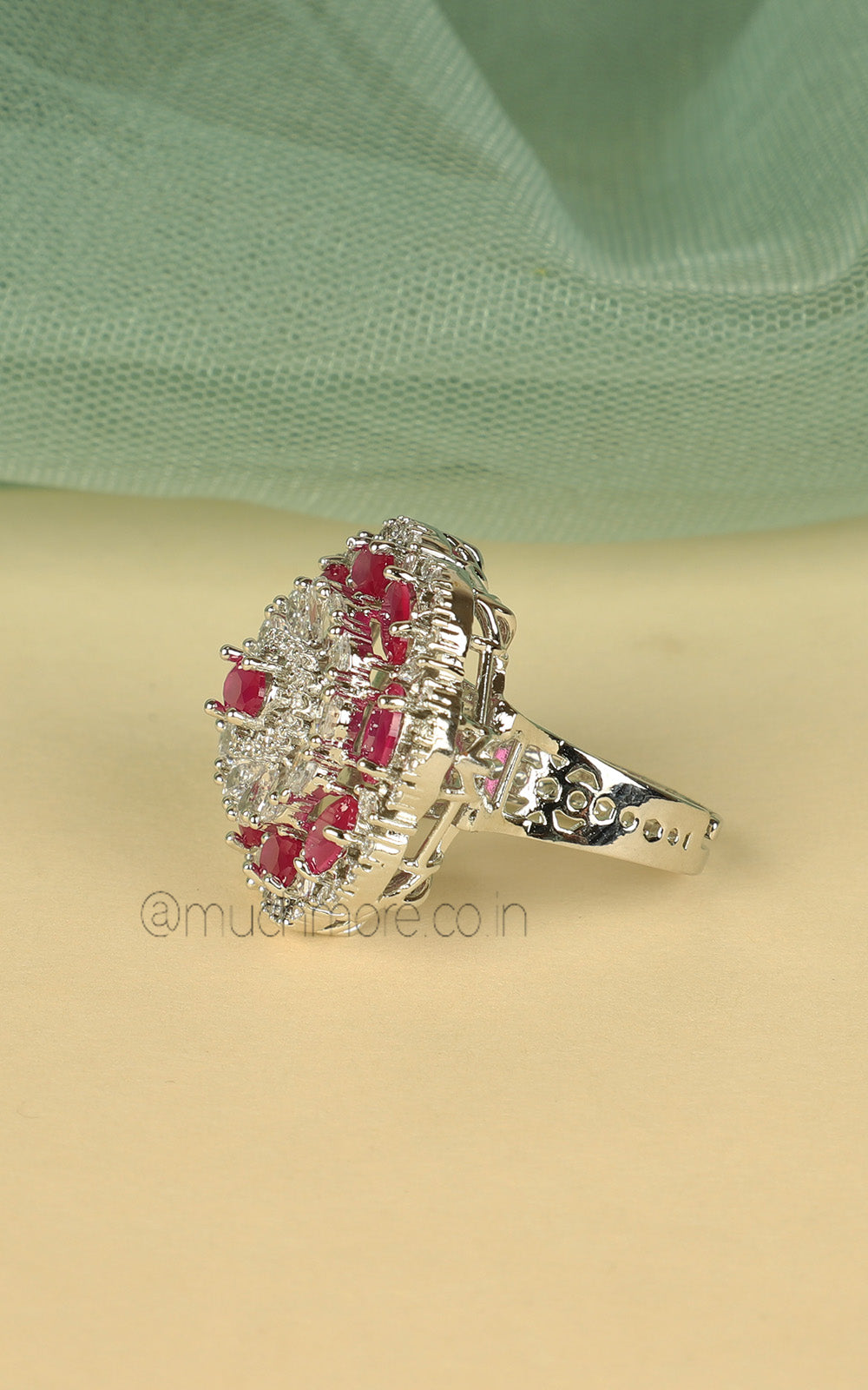 Silver Polish Ruby Diamond Studded Cocktail Women Ring