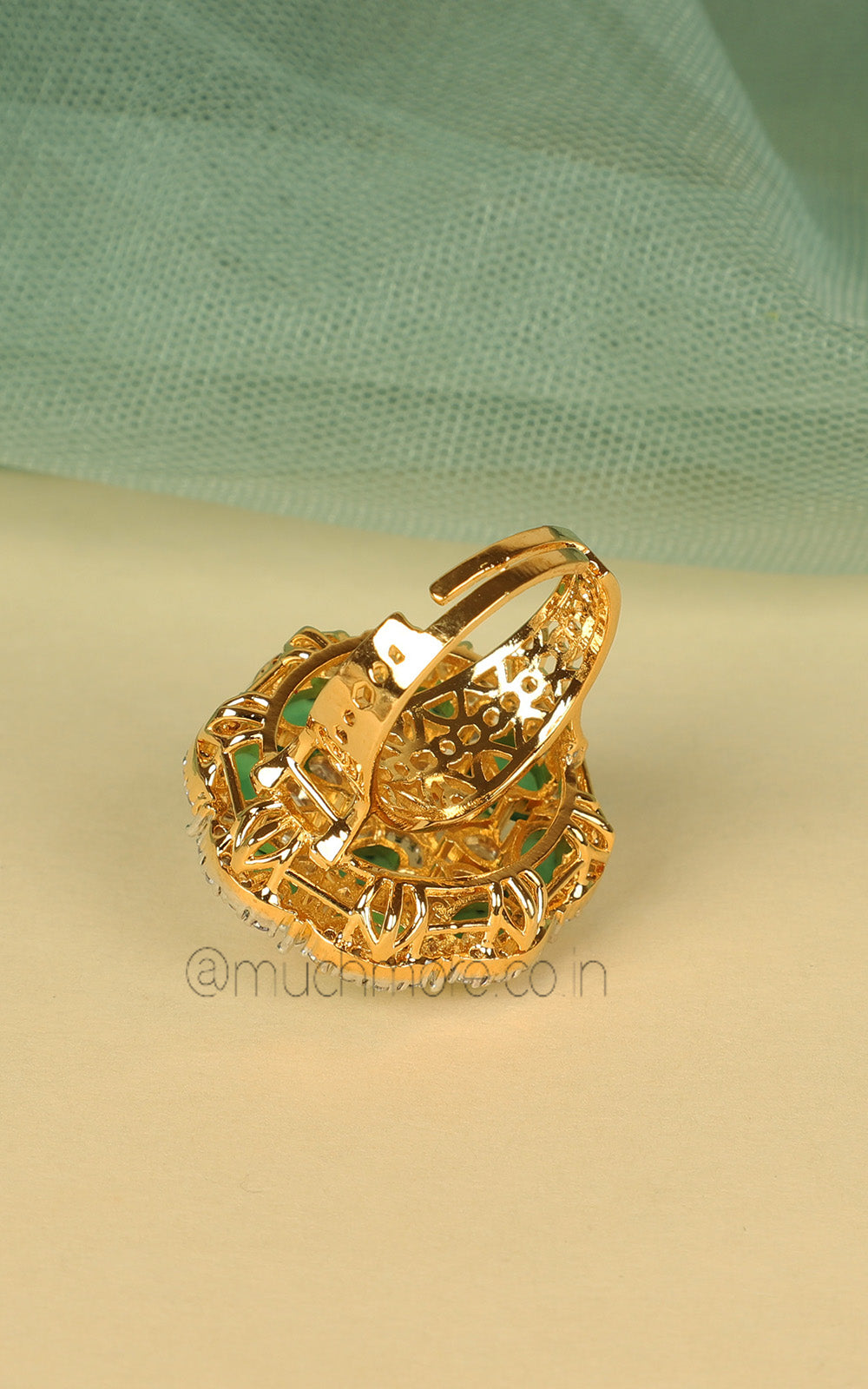 Gold Polish Emerald Green Diamond Studded Cocktail Women Ring
