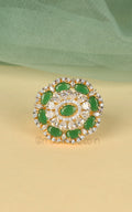 Gold Polish Emerald Green Diamond Studded Cocktail Women Ring