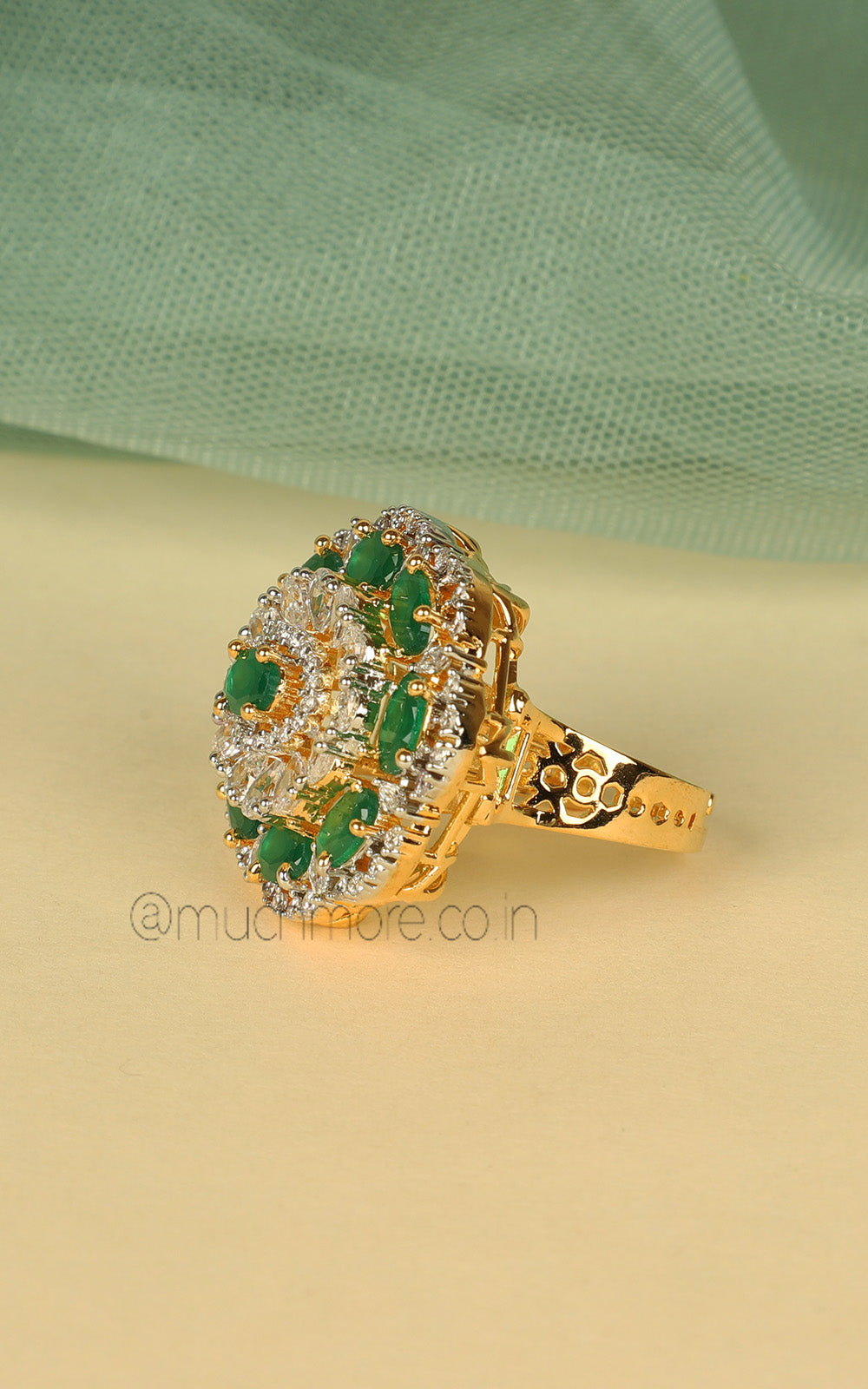 Gold Polish Emerald Green Diamond Studded Cocktail Women Ring