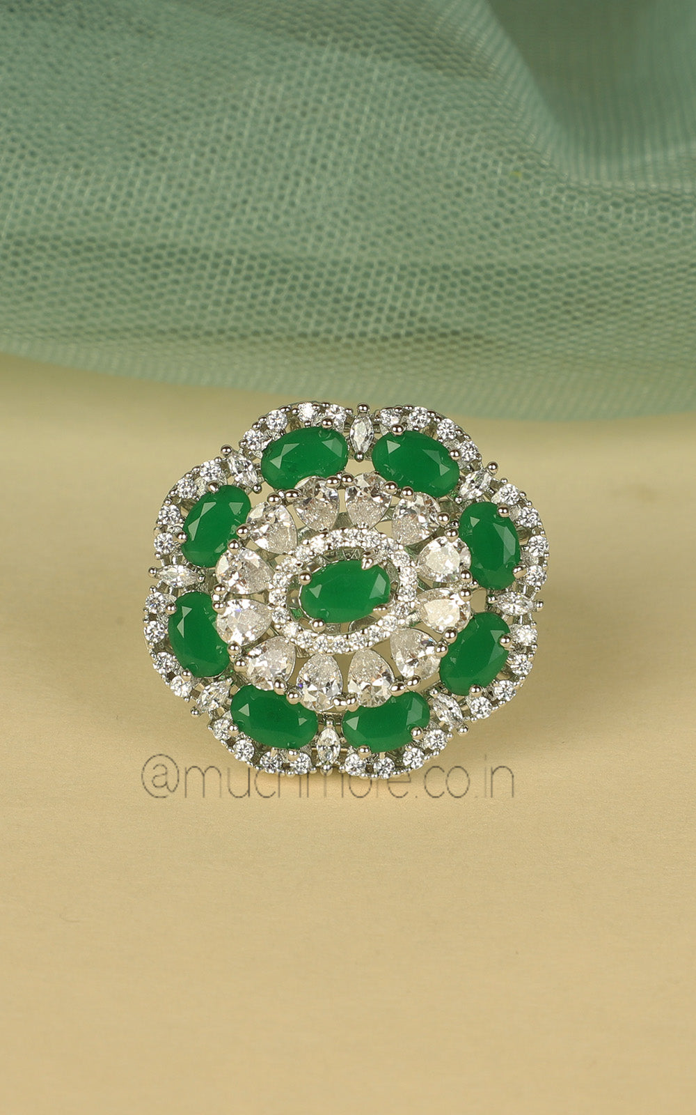 Silver Polish Emerald Green Diamond Studded Cocktail Women Ring