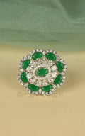 Silver Polish Emerald Green Diamond Studded Cocktail Women Ring