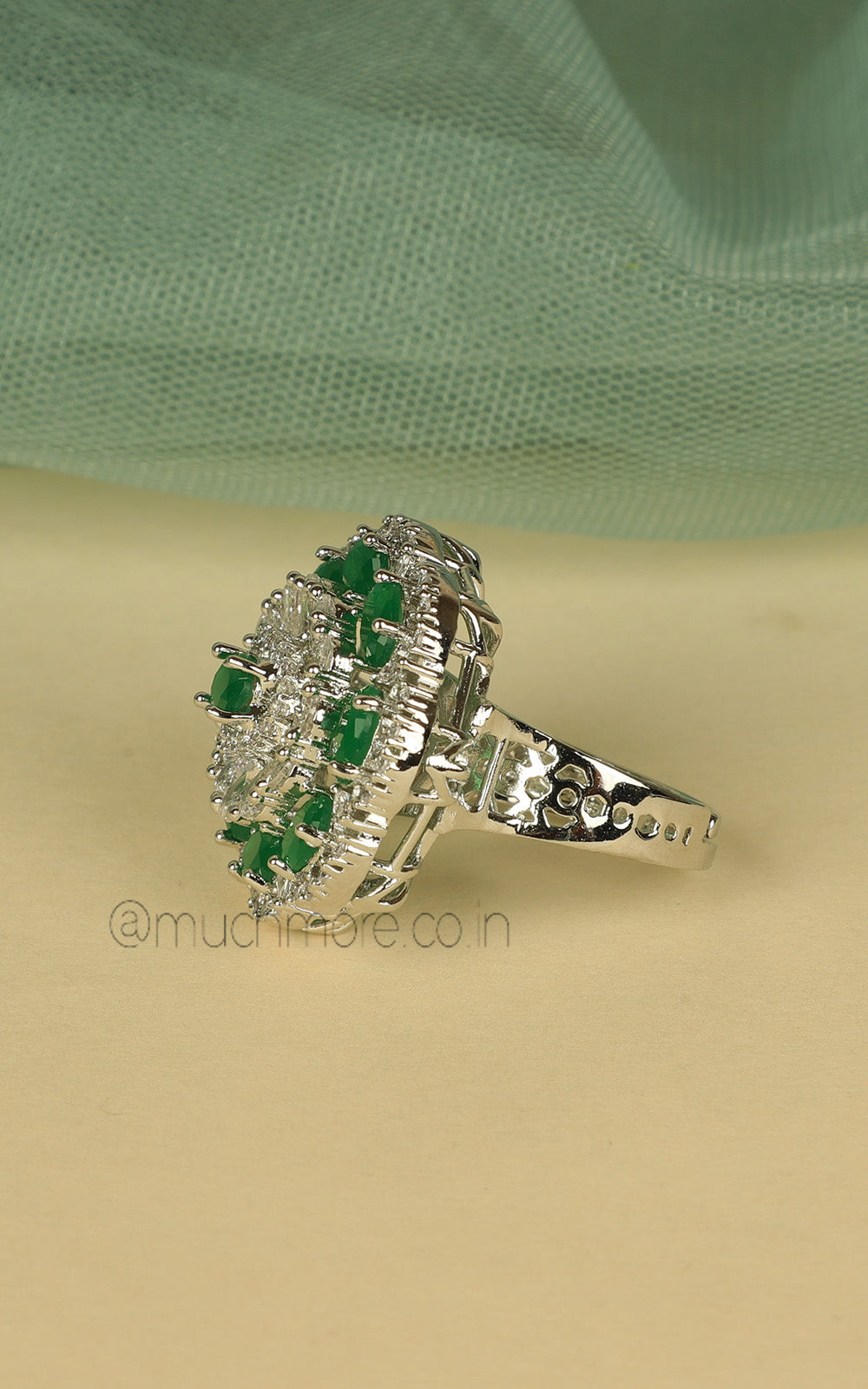Silver Polish Emerald Green Diamond Studded Cocktail Women Ring