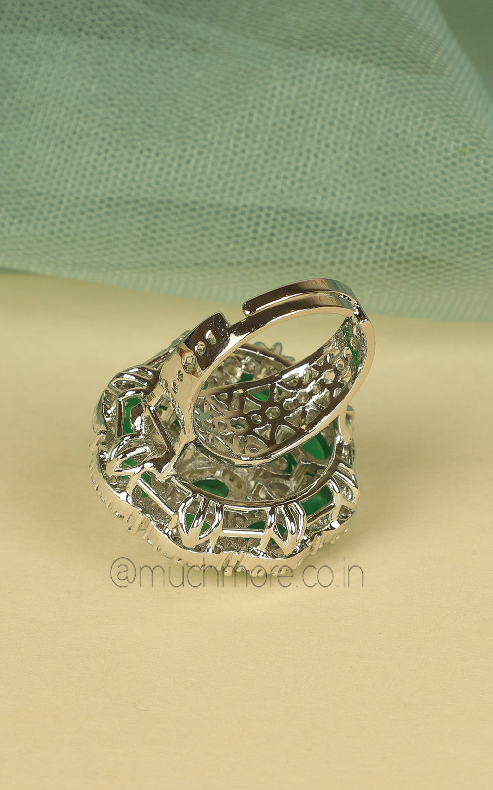 Silver Polish Emerald Green Diamond Studded Cocktail Women Ring
