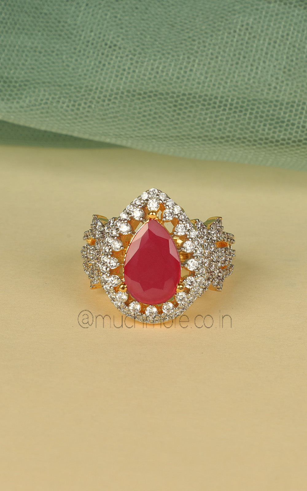 Drop Shaped Gold American Diamond Ring For Festive Look