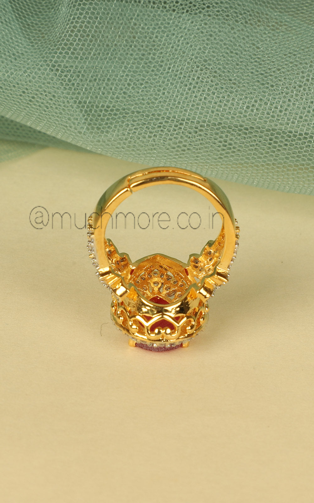 Drop Shaped Gold American Diamond Ring For Festive Look