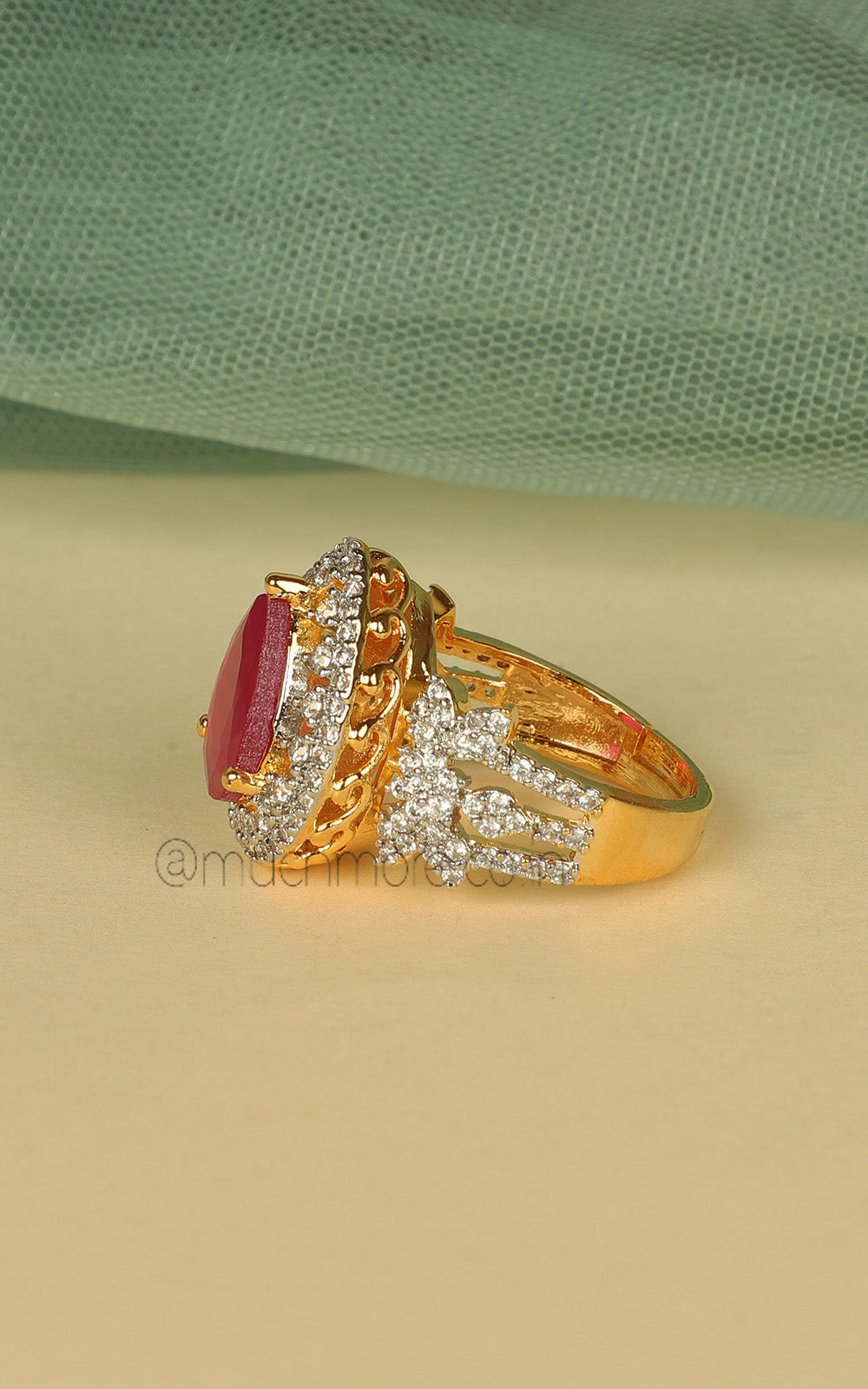 Drop Shaped Gold American Diamond Ring For Festive Look