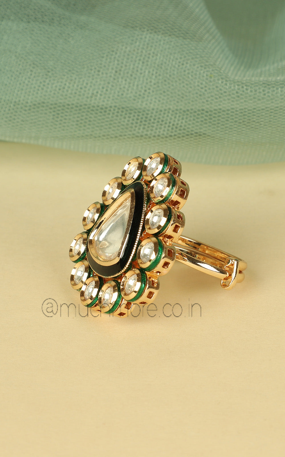 Polki Emerald Green Meenakari Adjustable In Size Ring