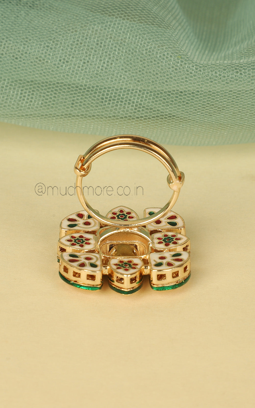 Polki Emerald Green Meenakari Square Shaped Ring