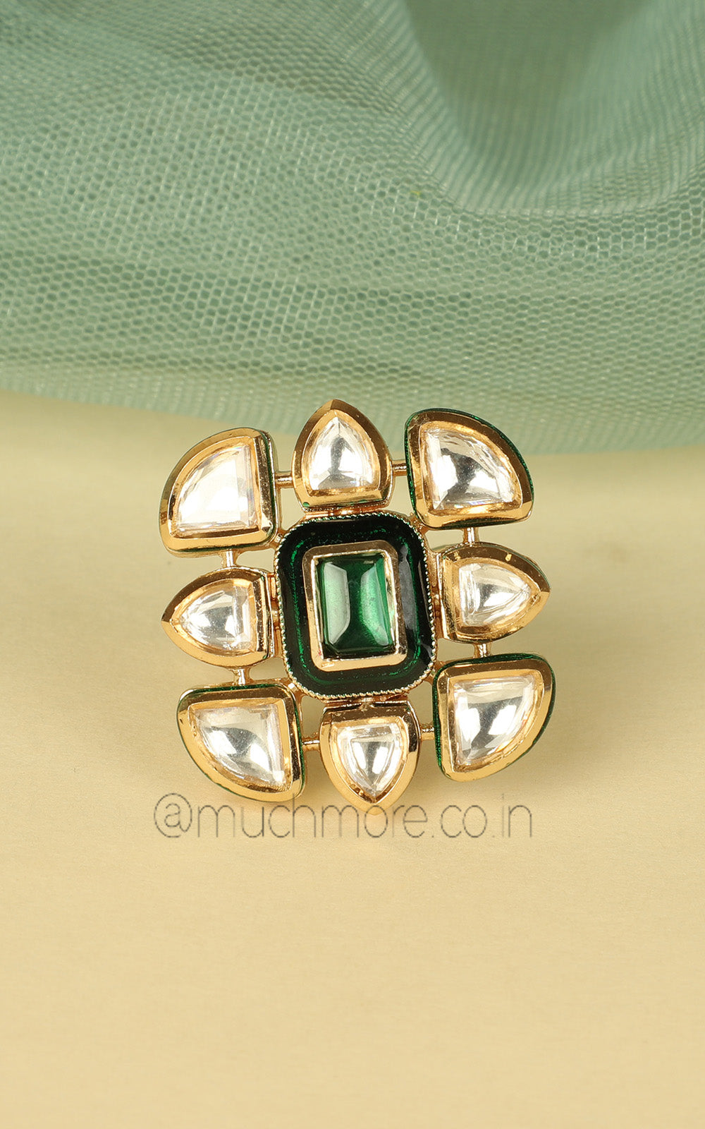 Polki Emerald Green Meenakari Square Shaped Ring