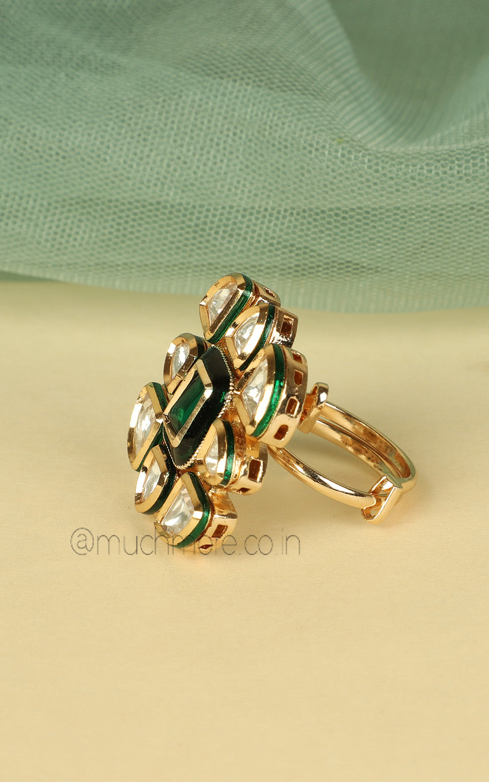 Polki Emerald Green Meenakari Square Shaped Ring