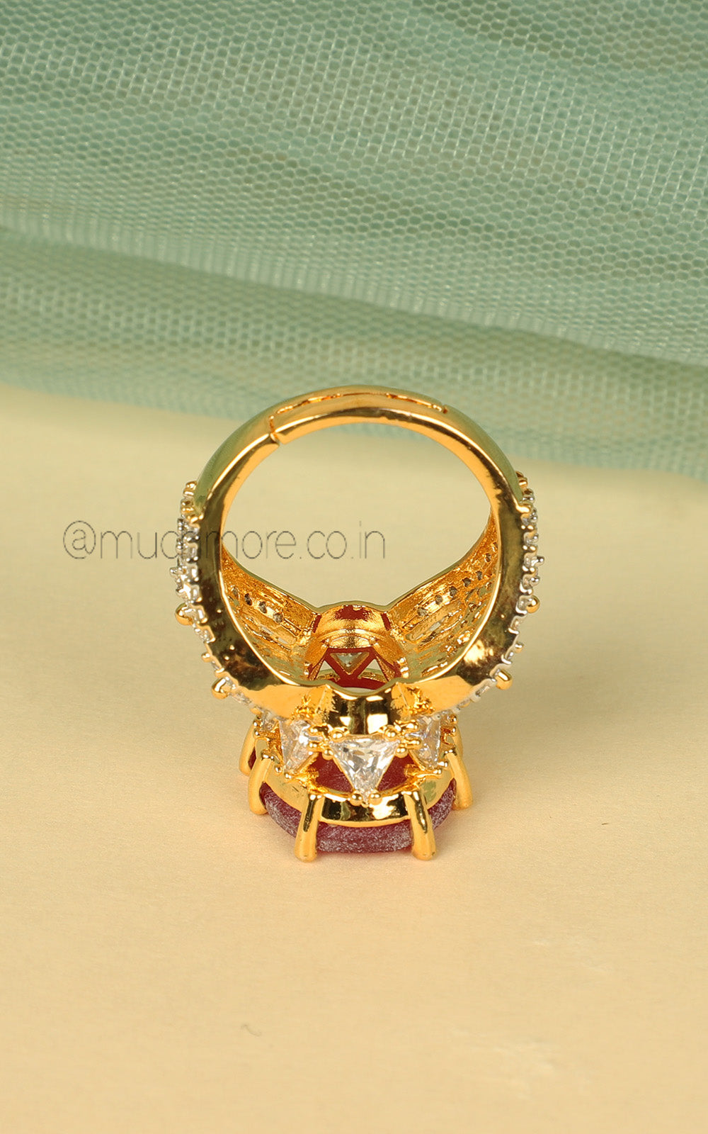 Premium Designer Gold Polish Ruby Ring For Women With Sparkling Zircon