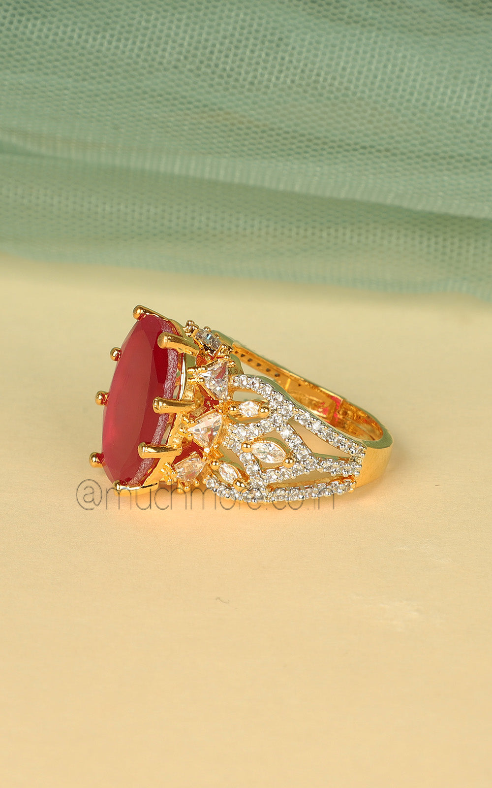 Premium Designer Gold Polish Ruby Ring For Women With Sparkling Zircon