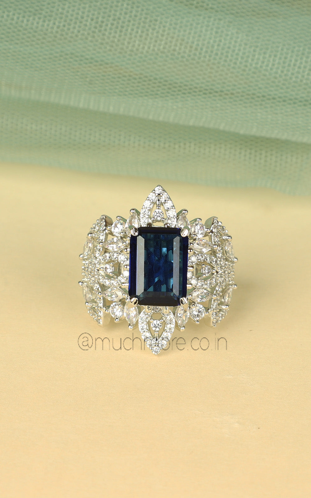 Silver Polish Blue Diamond Zircon Cocktail Ring | Much-More