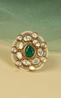 Emerald Green Kundan And Pearl Adjustable In Size Ring