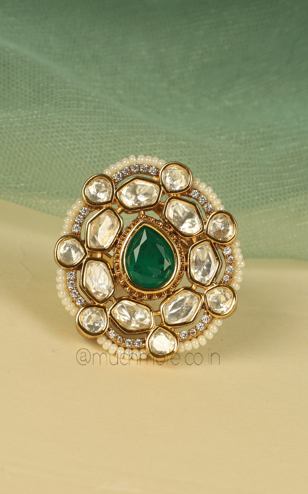 Emerald Green Kundan And Pearl Adjustable In Size Ring