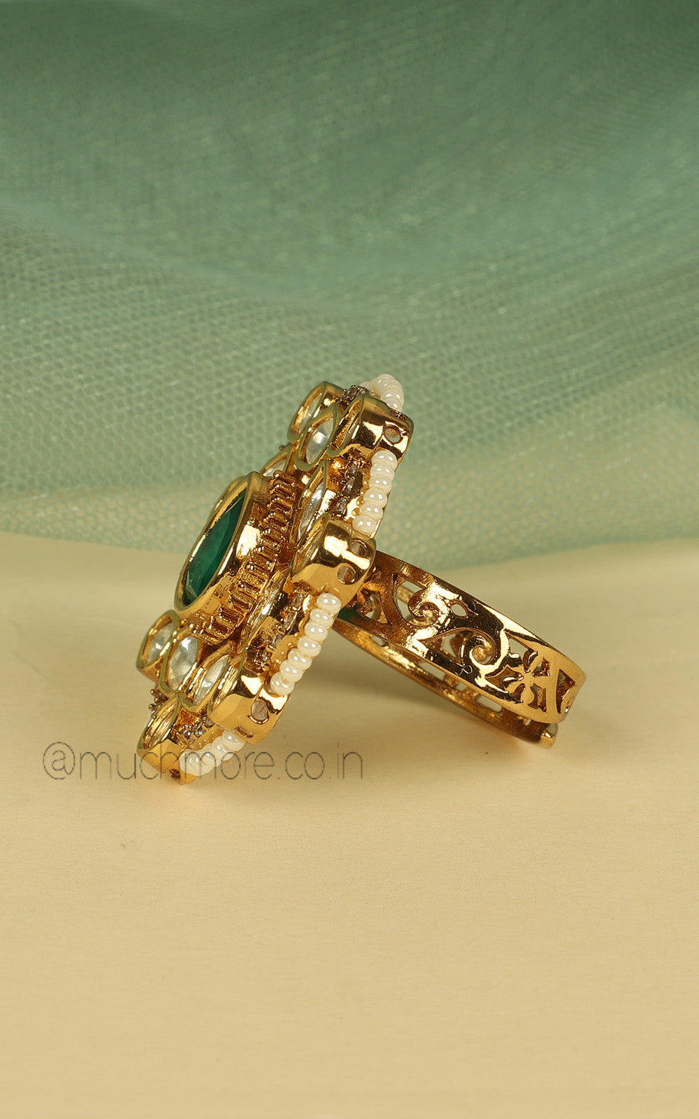 Emerald Green Kundan And Pearl Adjustable In Size Ring