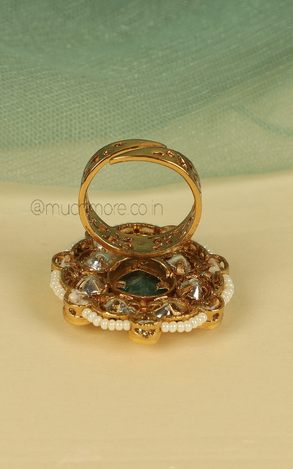 Emerald Green Kundan And Pearl Adjustable In Size Ring