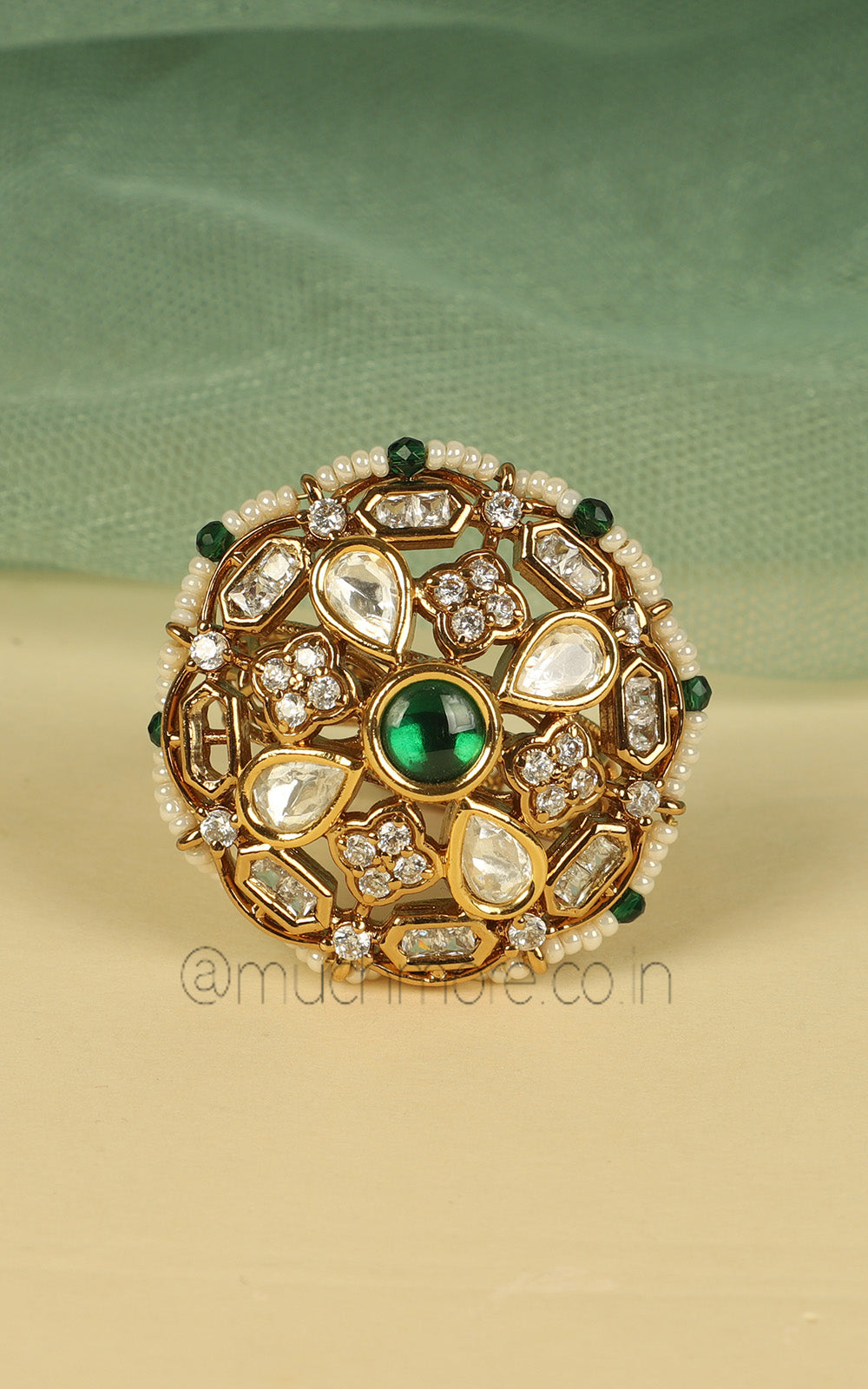 Emerald Green Kundan And Pearl Elegant Round Shaped Ring