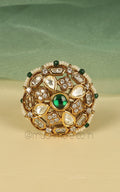 Emerald Green Kundan And Pearl Elegant Round Shaped Ring