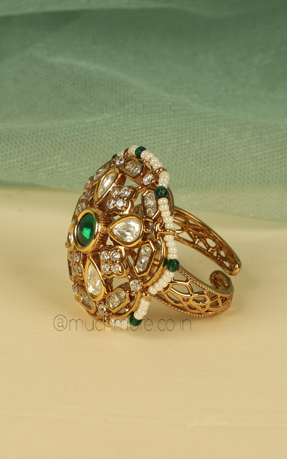 Emerald Green Kundan And Pearl Elegant Round Shaped Ring