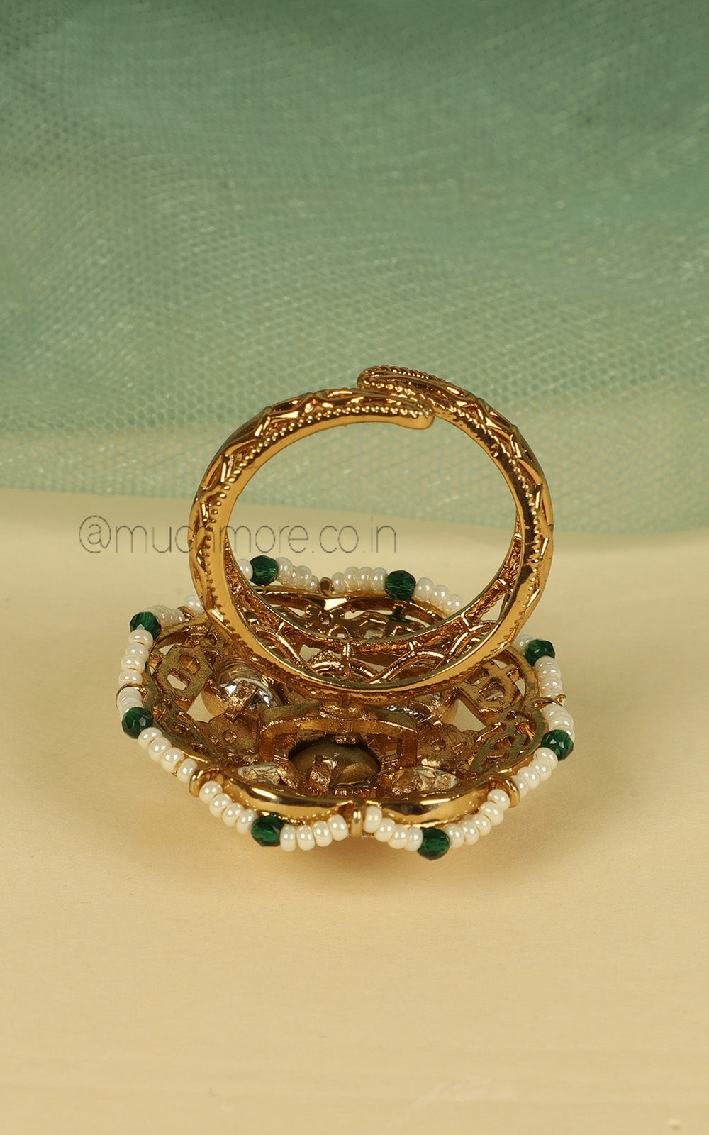 Emerald Green Kundan And Pearl Elegant Round Shaped Ring
