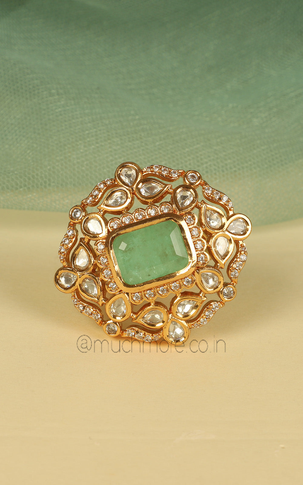 Gold Polish Kundan And Mint Green Doublet Unisex Ring