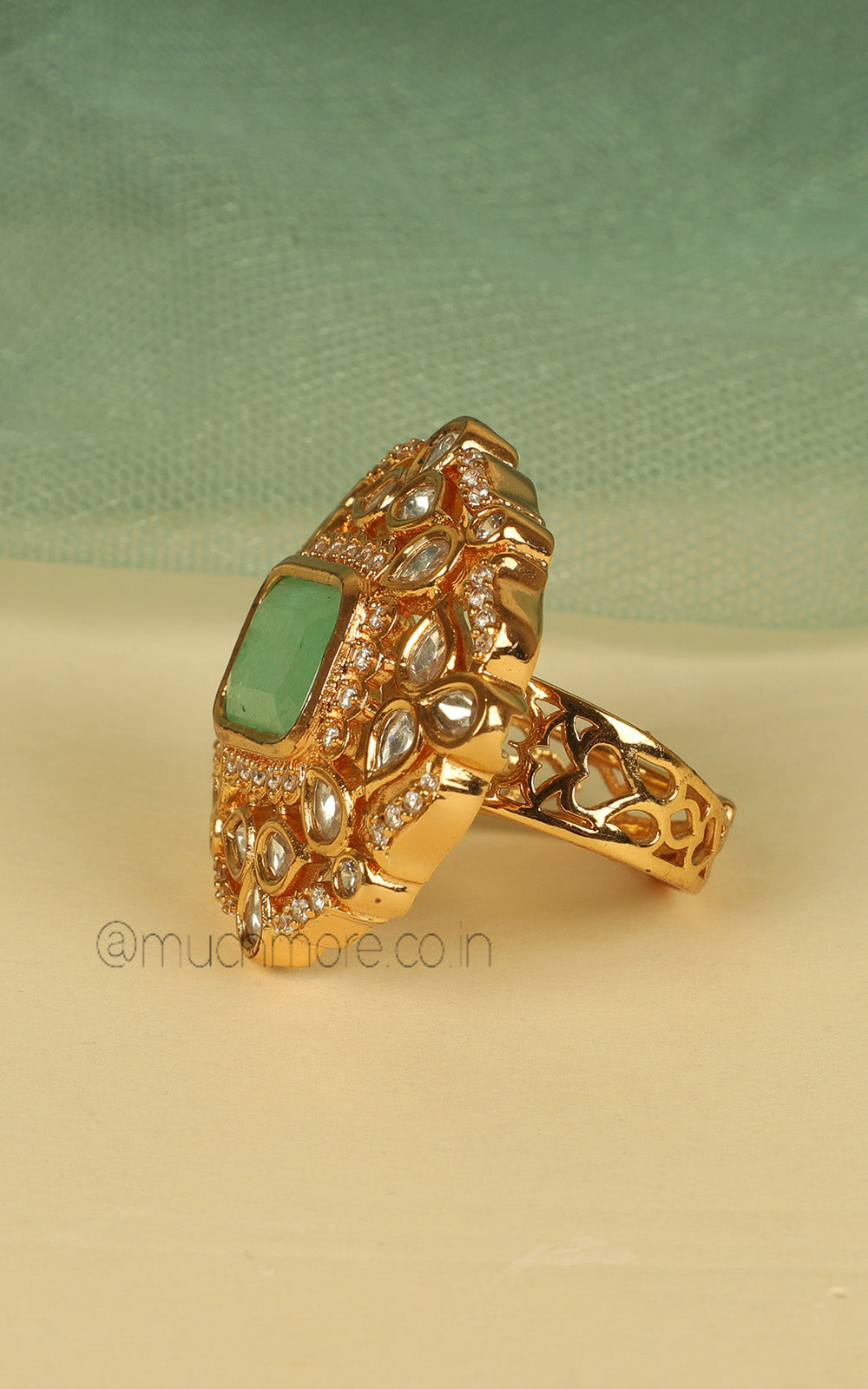 Gold Polish Kundan And Mint Green Doublet Unisex Ring