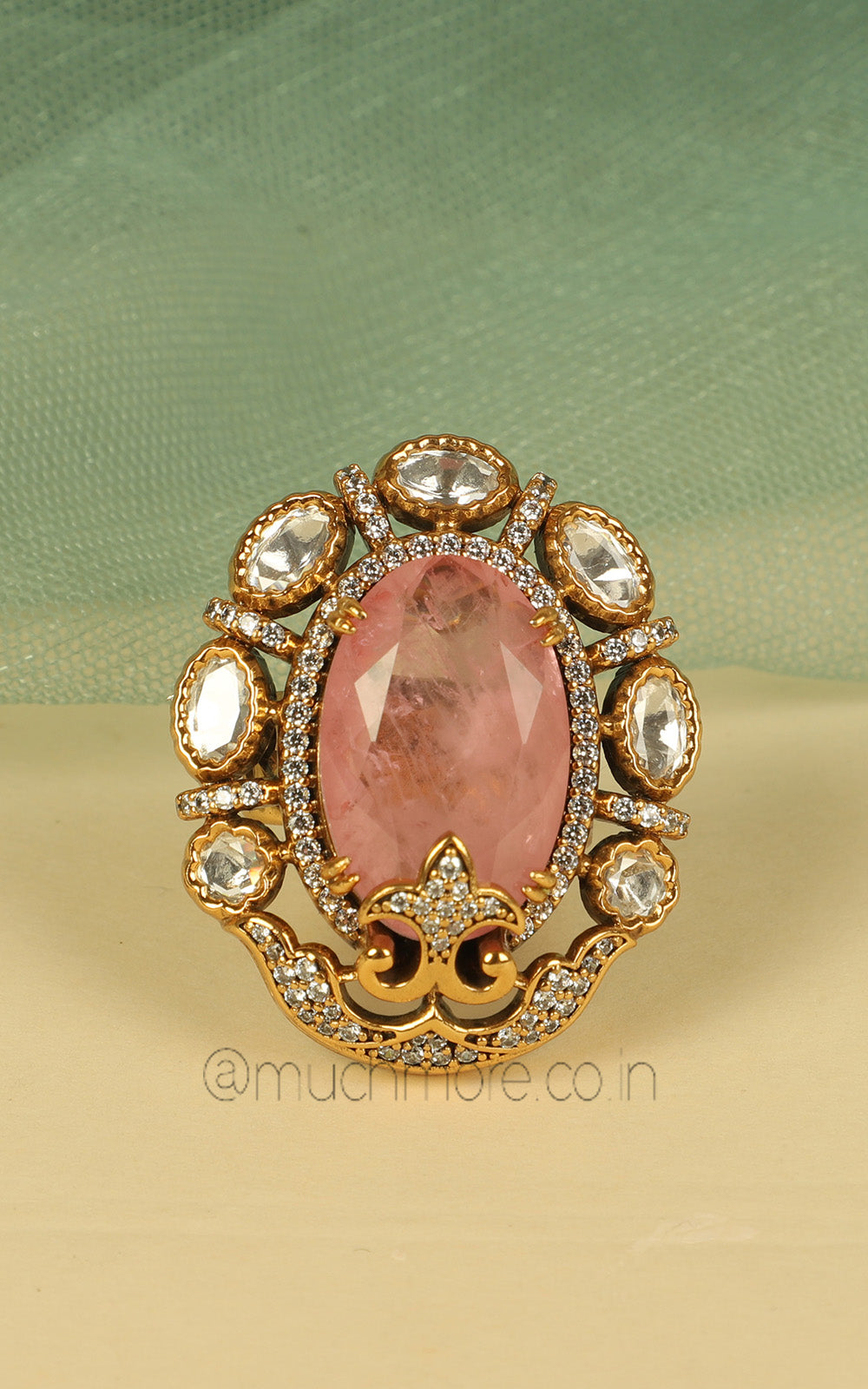 Oval Shaped Pink Stone On Stone Kundan Gold Polish Ring