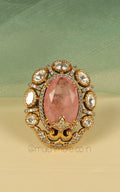 Oval Shaped Pink Stone On Stone Kundan Gold Polish Ring