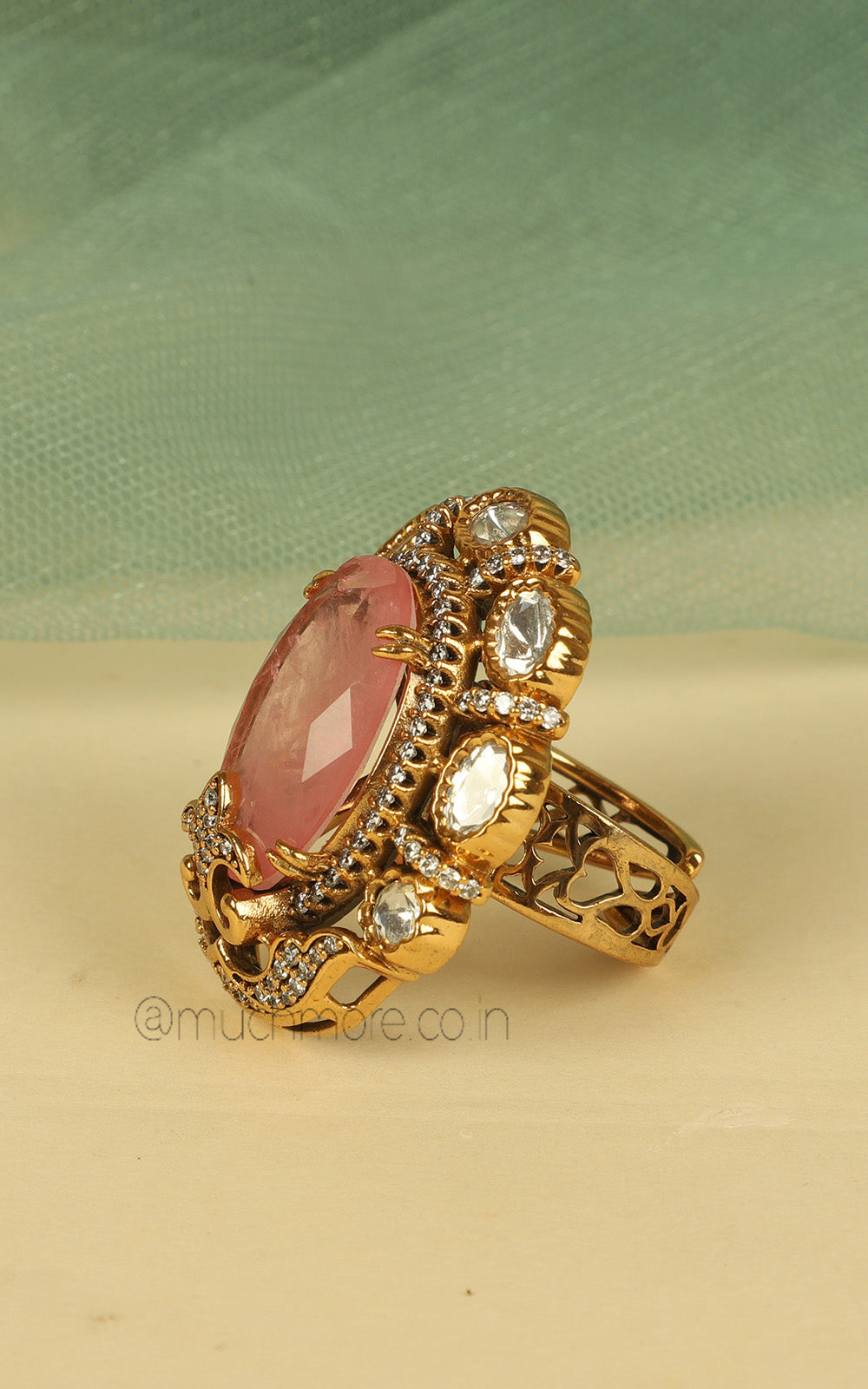 Oval Shaped Pink Stone On Stone Kundan Gold Polish Ring