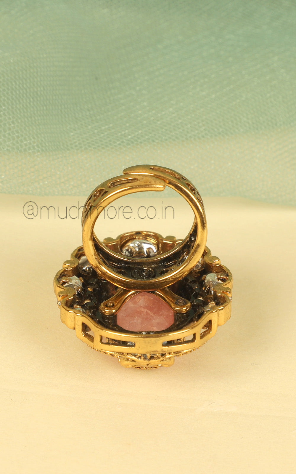 Oval Shaped Pink Stone On Stone Kundan Gold Polish Ring