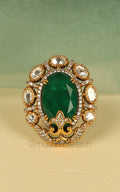 Oval Shaped Emerald Green Stone On Stone Kundan Gold Polish Ring