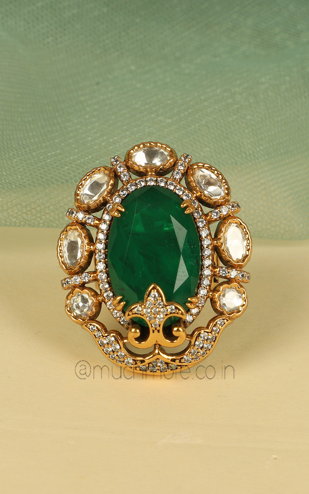 Oval Shaped Emerald Green Stone On Stone Kundan Gold Polish Ring
